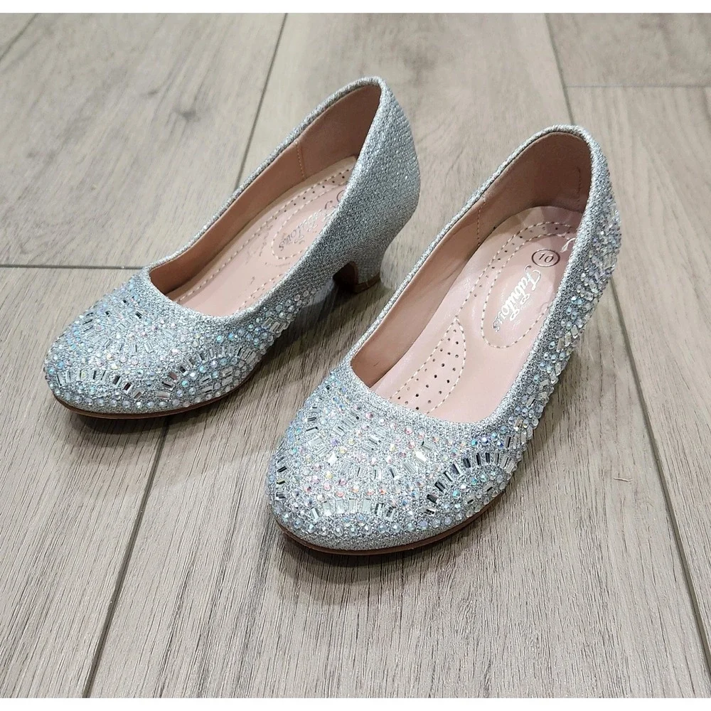 Girls Size 10 Silver Glitter Rhinestone Low Heel Pumps Dress Up Shoes Holiday